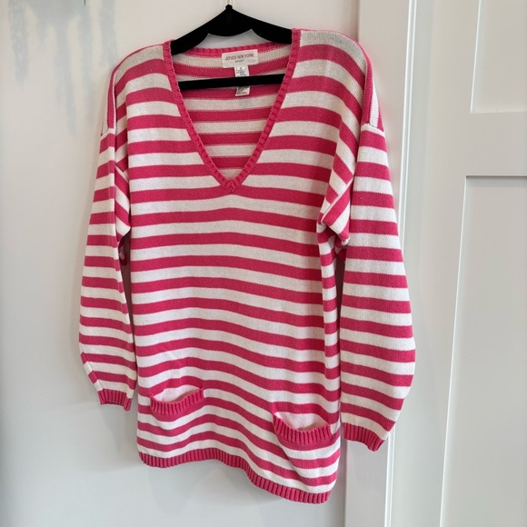 Jones New York Sport Vintage Pink & White Striped Tunic V-neck Women's Sweater S - Picture 2 of 8